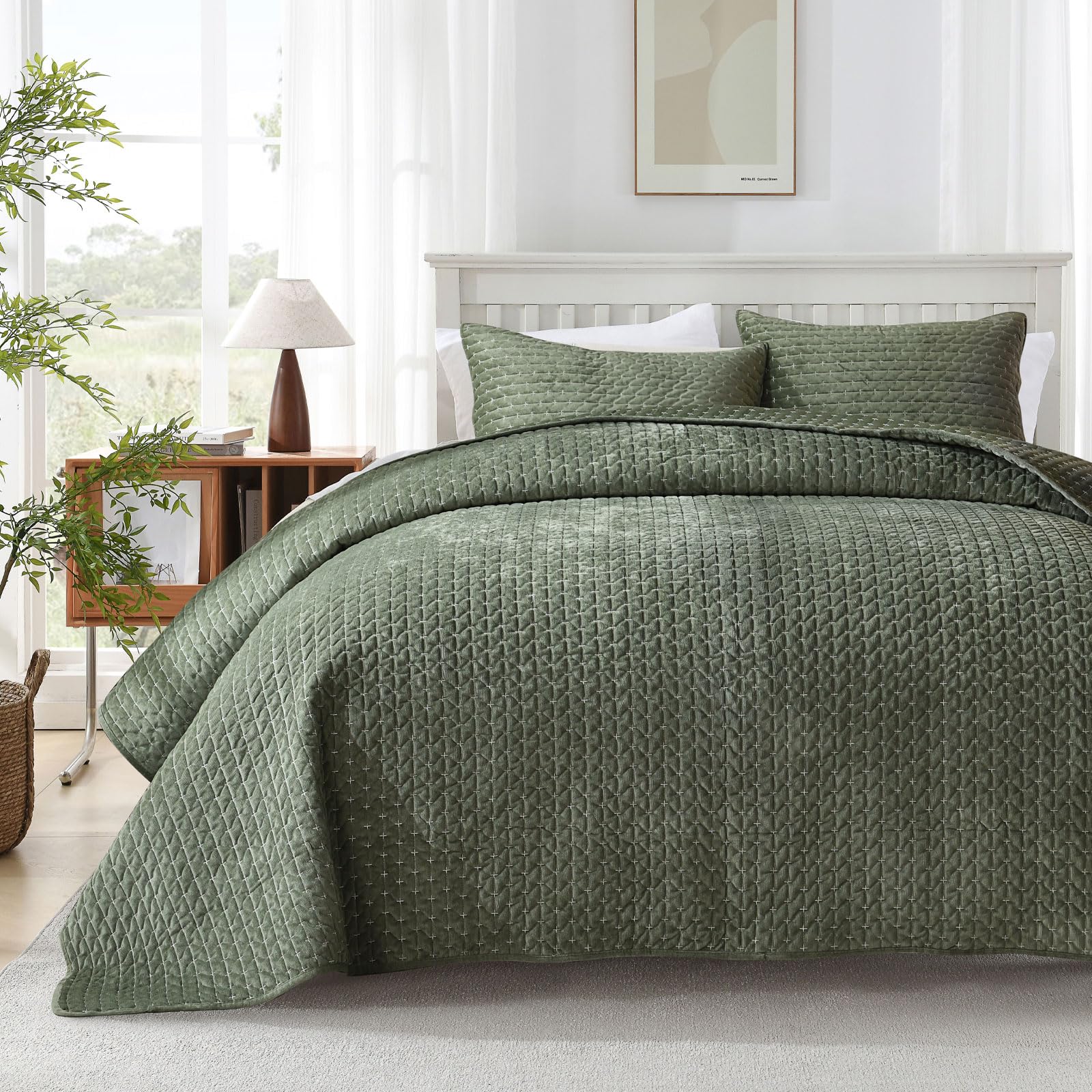 Grassix Velvet Quilt Set King Size - Luxury Cozy Army Green Quilt Set, Lightweight Soft Velvet Comforter For All Season, Cross S